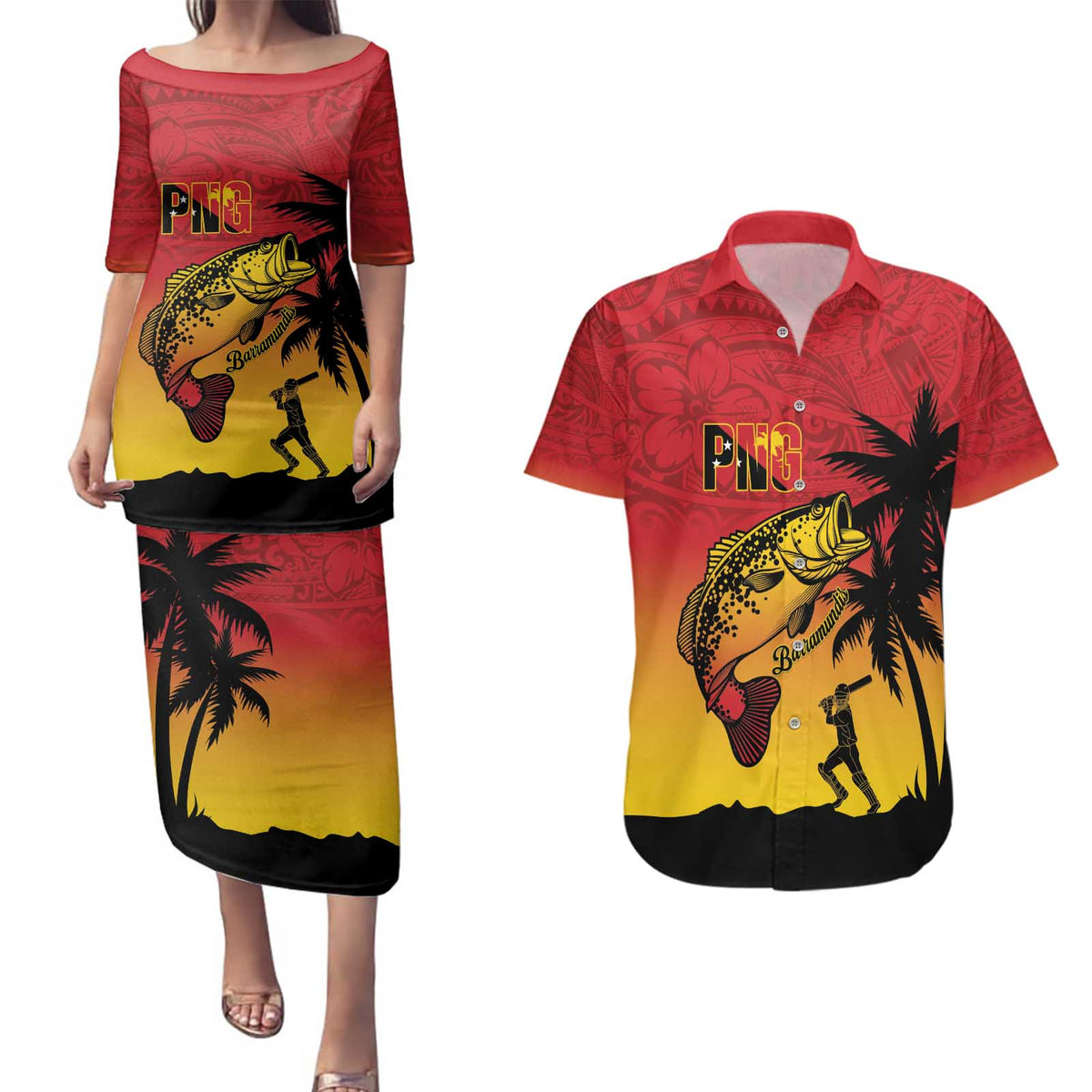 Custom Papua New Guinea Cricket Couples Matching Puletasi and Hawaiian Shirt PNG Barramundis - Polynesian Pride