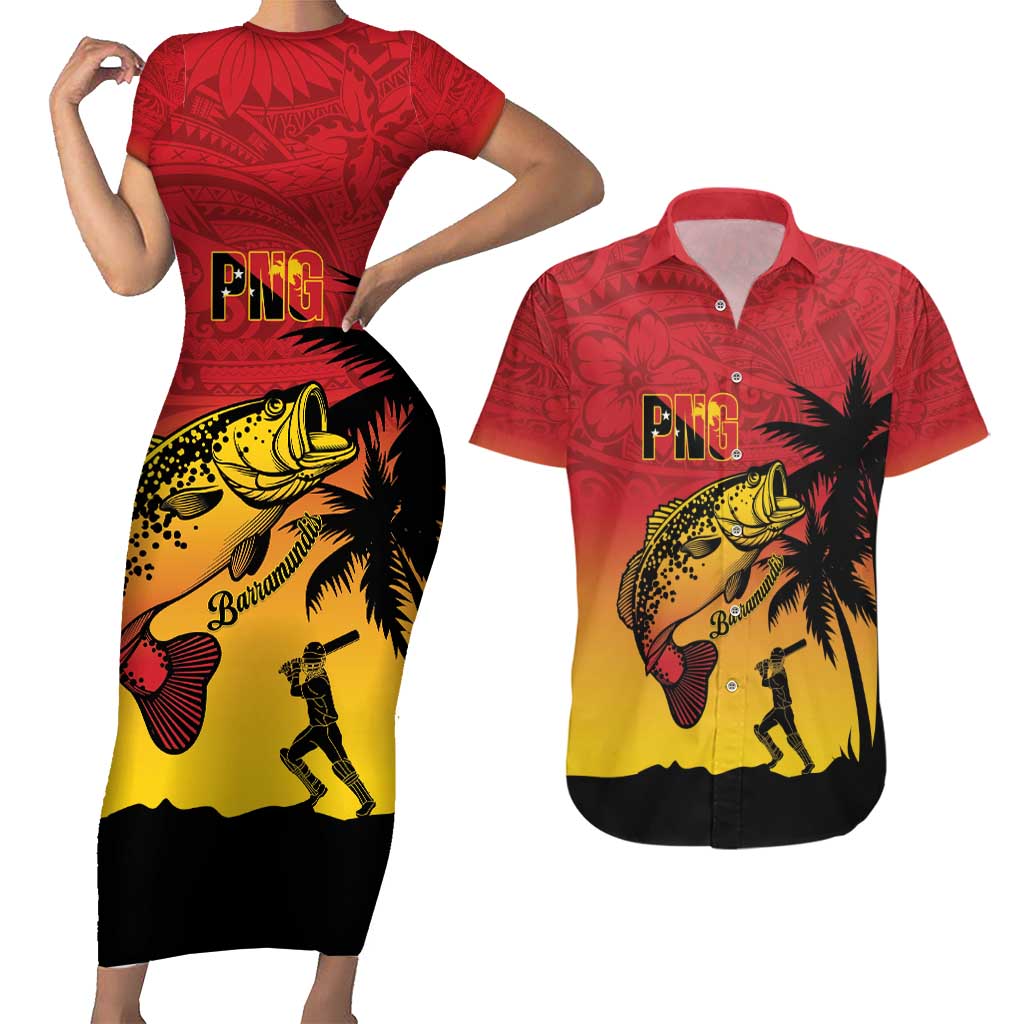 Custom Papua New Guinea Cricket Couples Matching Short Sleeve Bodycon Dress and Hawaiian Shirt PNG Barramundis - Polynesian Pride