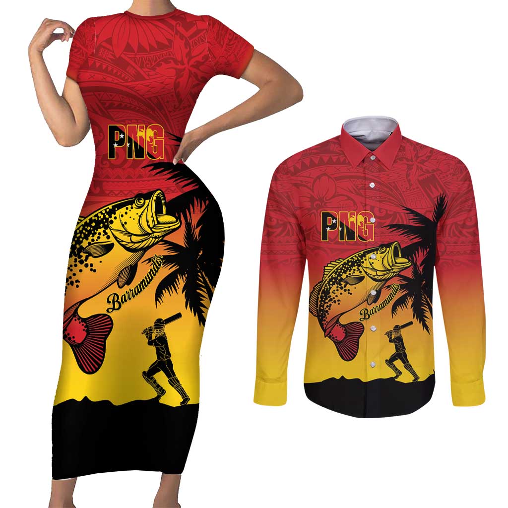 Custom Papua New Guinea Cricket Couples Matching Short Sleeve Bodycon Dress and Long Sleeve Button Shirt PNG Barramundis - Polynesian Pride