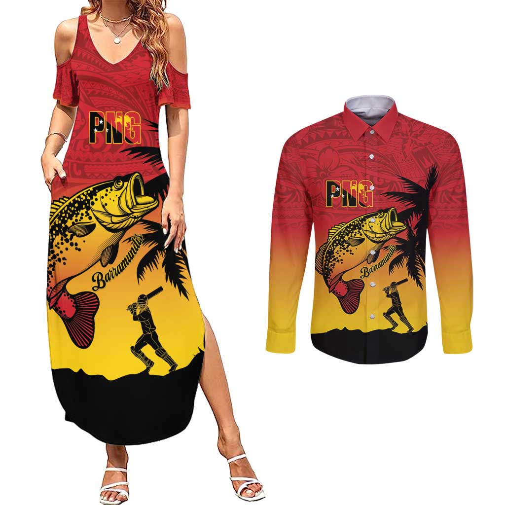 Custom Papua New Guinea Cricket Couples Matching Summer Maxi Dress and Long Sleeve Button Shirt PNG Barramundis - Polynesian Pride