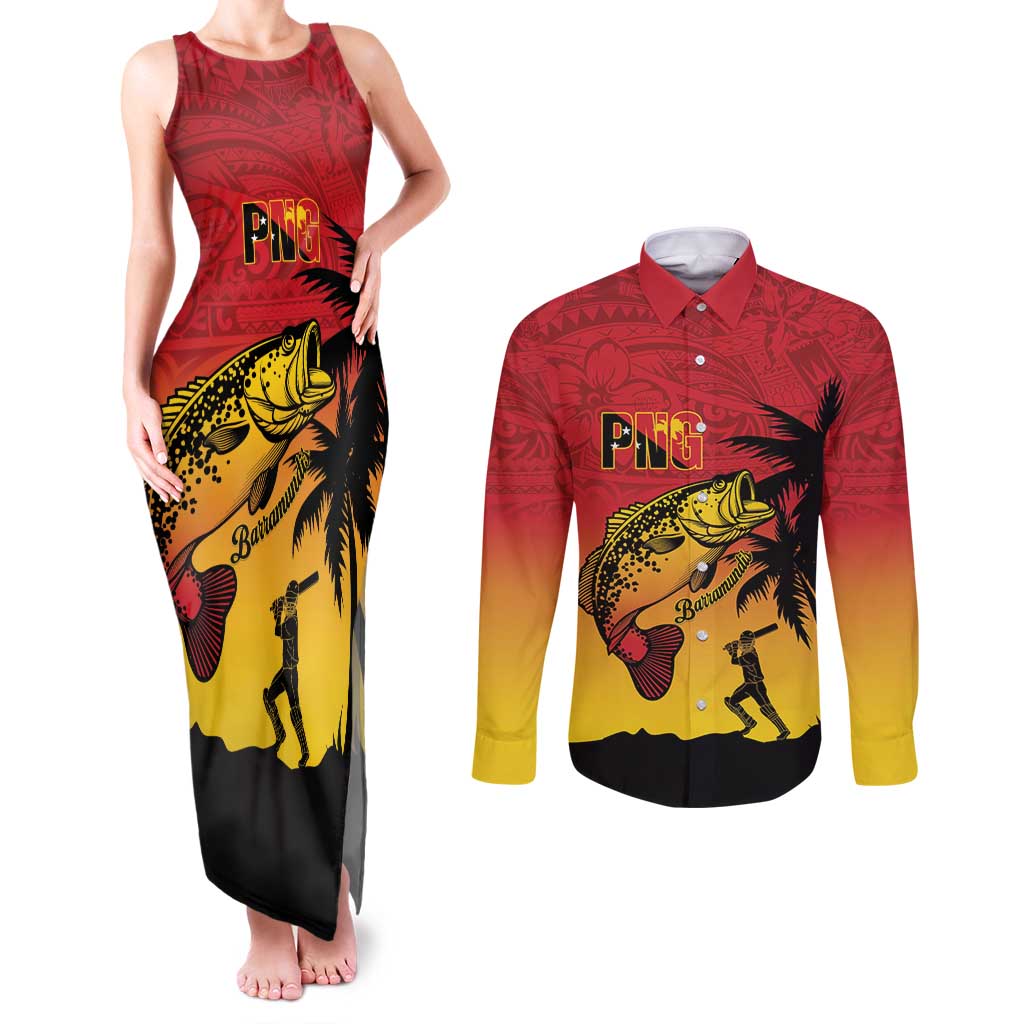 Custom Papua New Guinea Cricket Couples Matching Tank Maxi Dress and Long Sleeve Button Shirt PNG Barramundis - Polynesian Pride