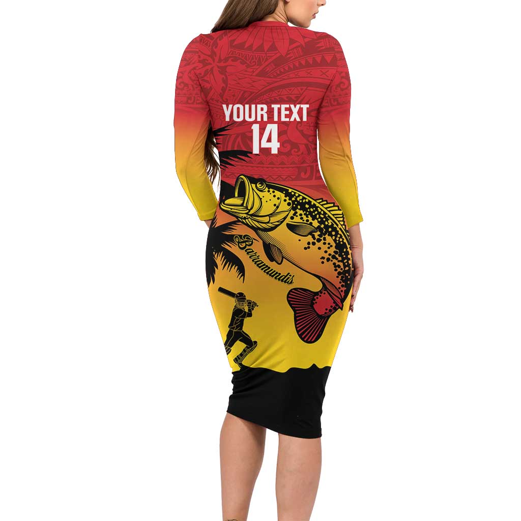 Custom Papua New Guinea Cricket Family Matching Long Sleeve Bodycon Dress and Hawaiian Shirt PNG Barramundis - Polynesian Pride