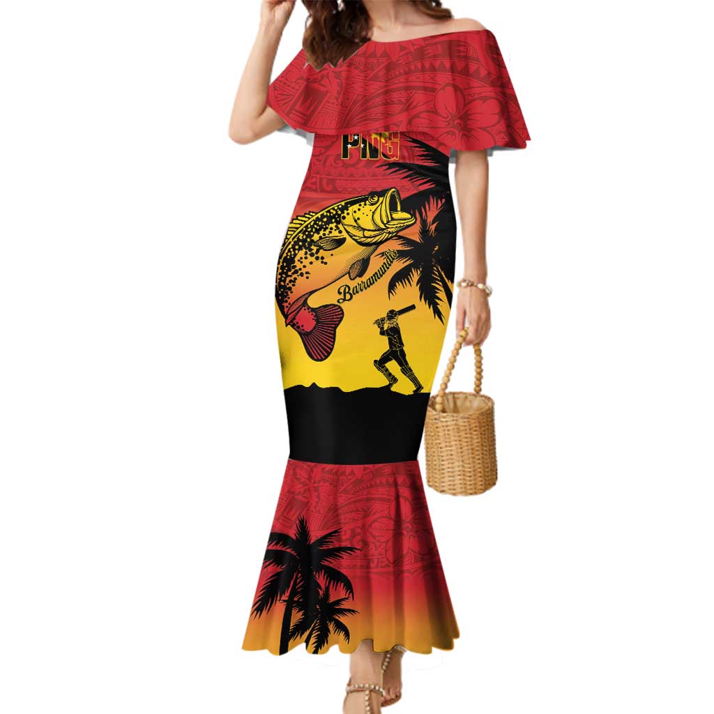 Custom Papua New Guinea Cricket Family Matching Mermaid Dress and Hawaiian Shirt PNG Barramundis - Polynesian Pride