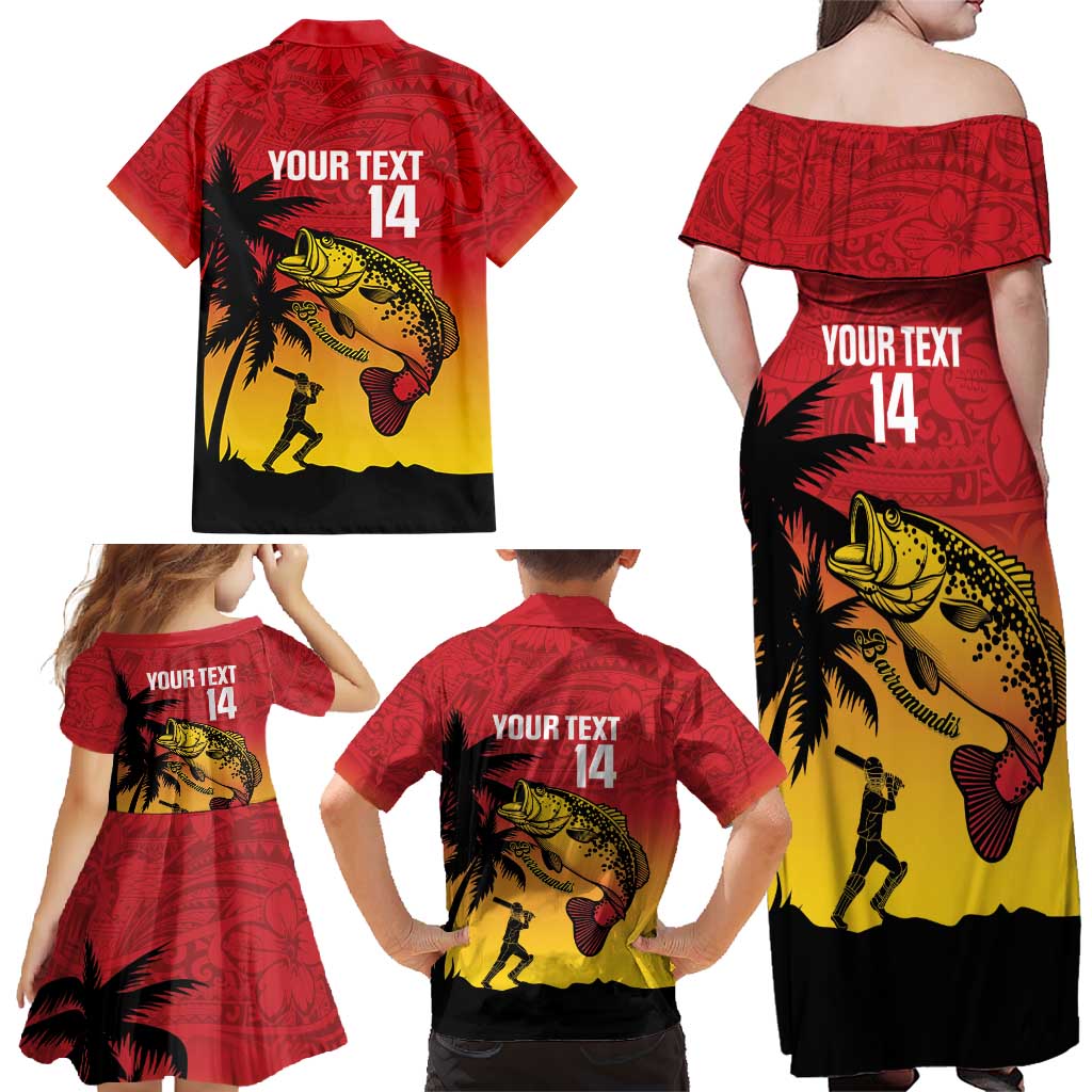 Custom Papua New Guinea Cricket Family Matching Off Shoulder Maxi Dress and Hawaiian Shirt PNG Barramundis - Polynesian Pride