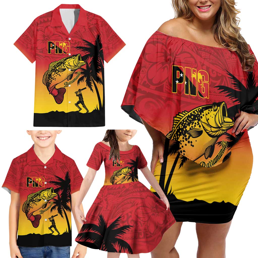 Custom Papua New Guinea Cricket Family Matching Off Shoulder Short Dress and Hawaiian Shirt PNG Barramundis - Polynesian Pride