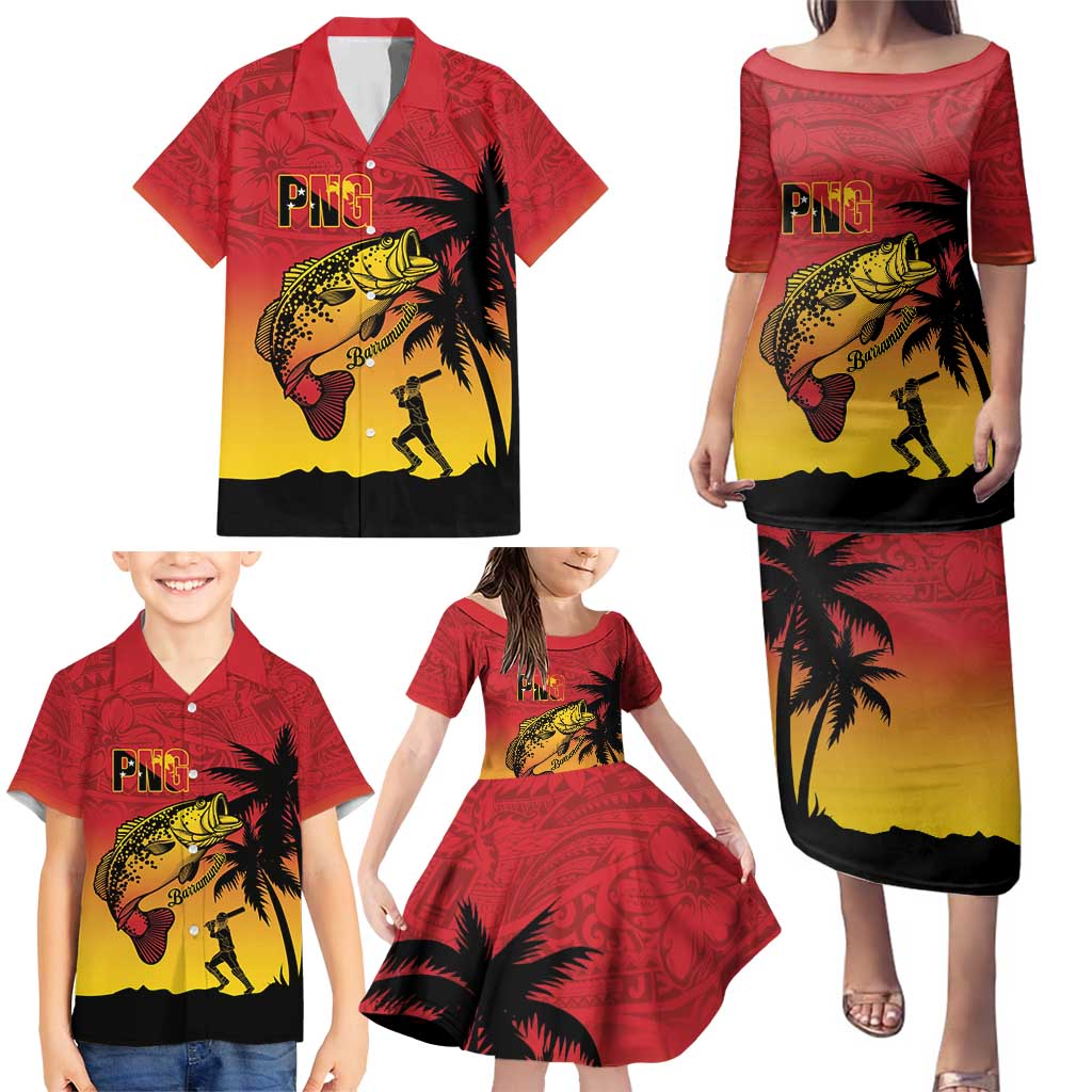 Custom Papua New Guinea Cricket Family Matching Puletasi and Hawaiian Shirt PNG Barramundis - Polynesian Pride