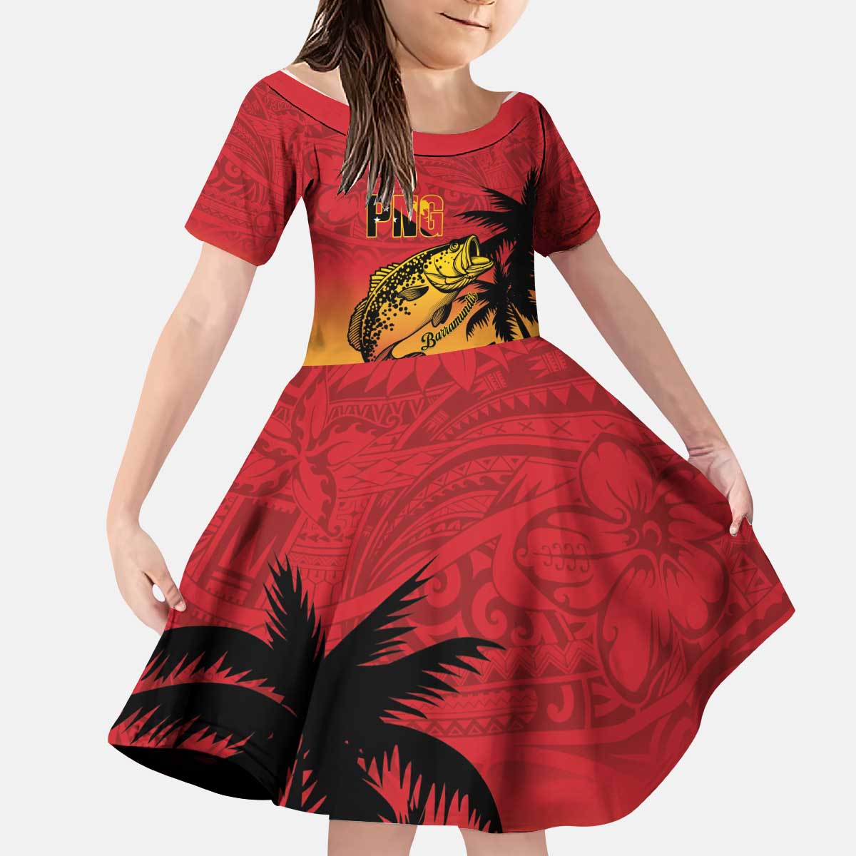 Custom Papua New Guinea Cricket Kid Short Sleeve Dress PNG Barramundis LT14 KID Red - Polynesian Pride