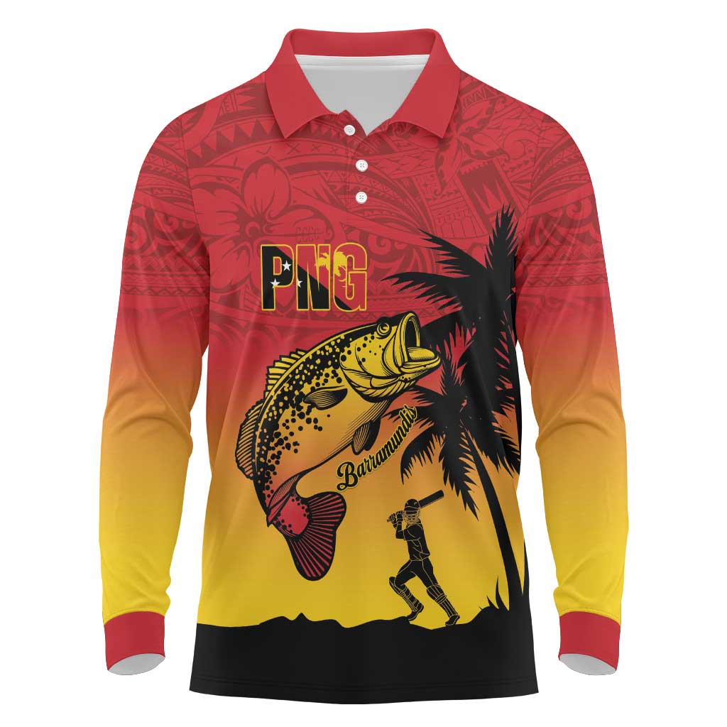Custom Papua New Guinea Cricket Long Sleeve Polo Shirt PNG Barramundis - Polynesian Pride