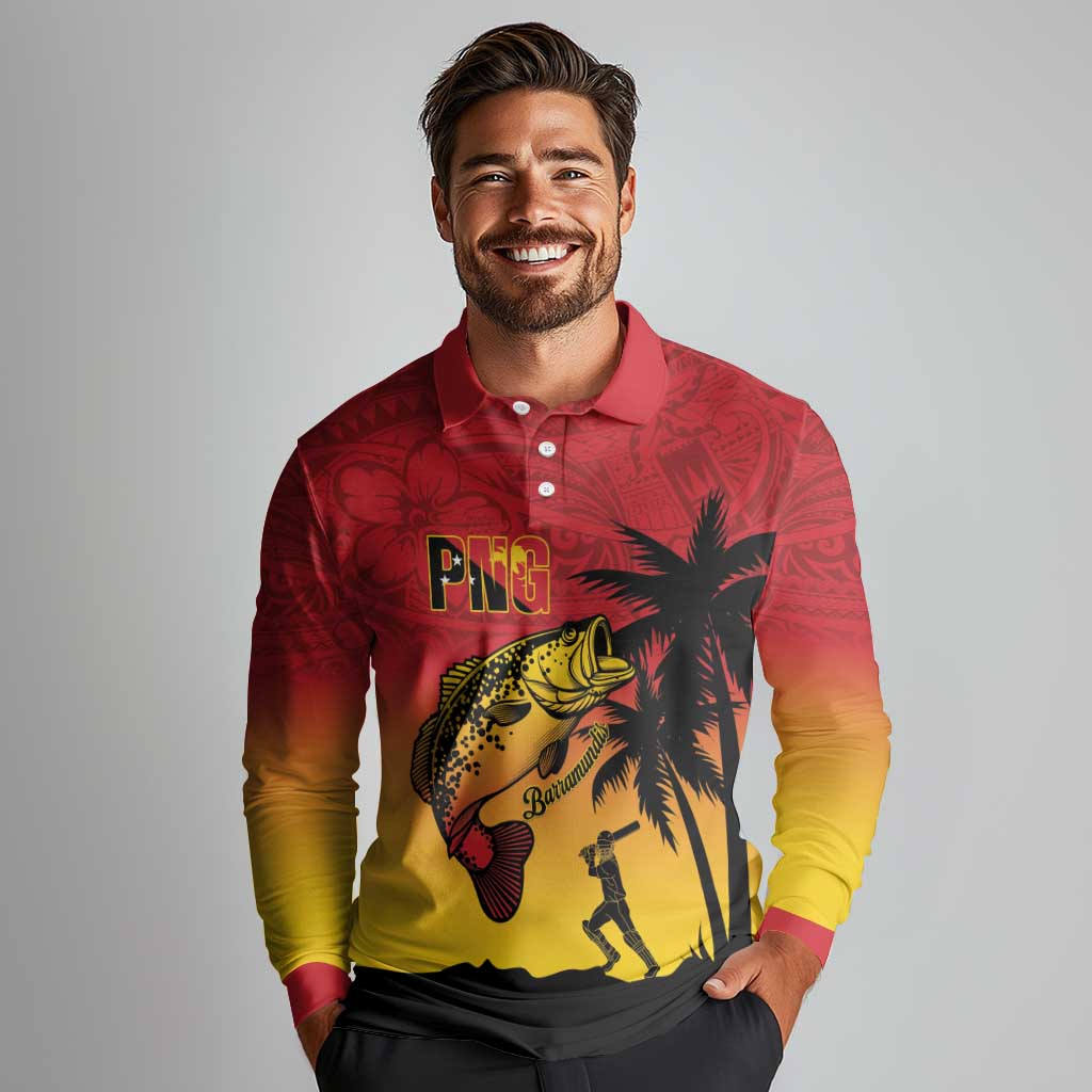 Custom Papua New Guinea Cricket Long Sleeve Polo Shirt PNG Barramundis - Polynesian Pride