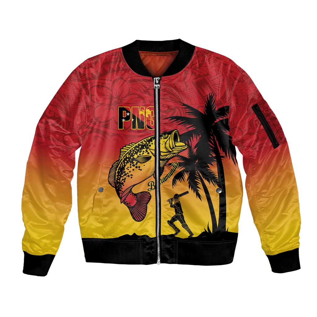 Custom Papua New Guinea Cricket Sleeve Zip Bomber Jacket PNG Barramundis LT14 Unisex Red - Polynesian Pride