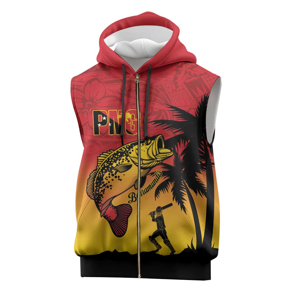 Custom Papua New Guinea Cricket Sleeveless Zip Hoodie PNG Barramundis - Polynesian Pride