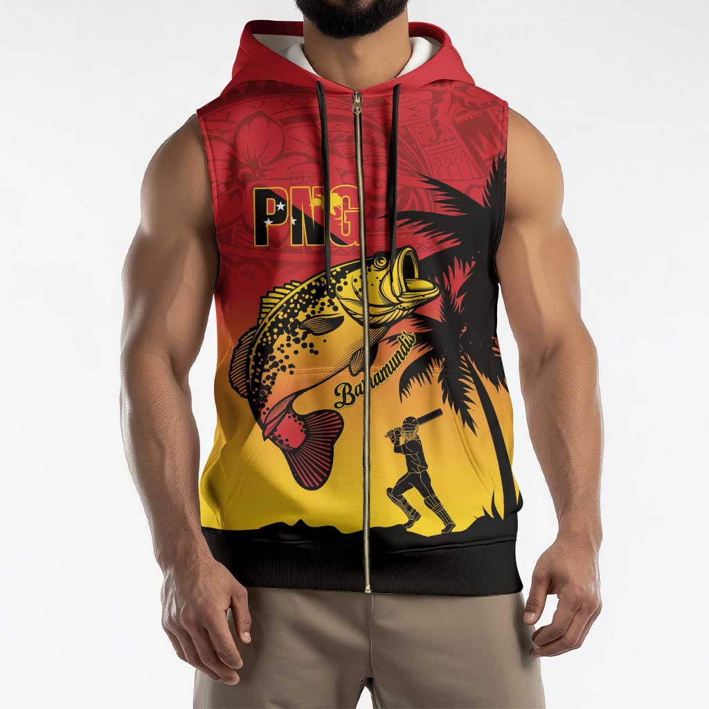 Custom Papua New Guinea Cricket Sleeveless Zip Hoodie PNG Barramundis - Polynesian Pride