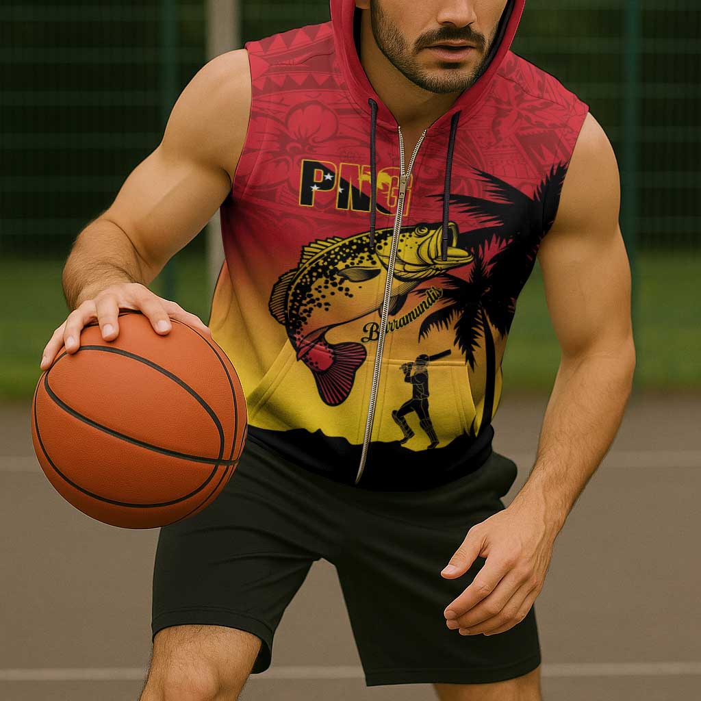 Custom Papua New Guinea Cricket Sleeveless Zip Hoodie PNG Barramundis - Polynesian Pride
