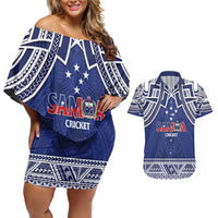 Custom Samoa Cricket Couples Matching Off Shoulder Short Dress and Hawaiian Shirt Go Champions Samoan LT14 Blue - Polynesian Pride