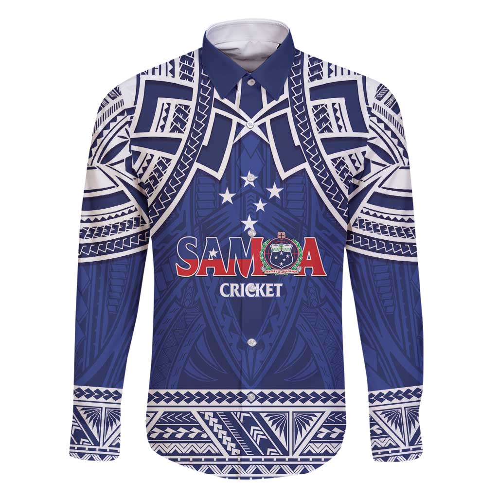 Custom Samoa Cricket Family Matching Off Shoulder Short Dress and Hawaiian Shirt Go Champions Samoan LT14 Dad's Shirt - Long Sleeve Blue - Polynesian Pride