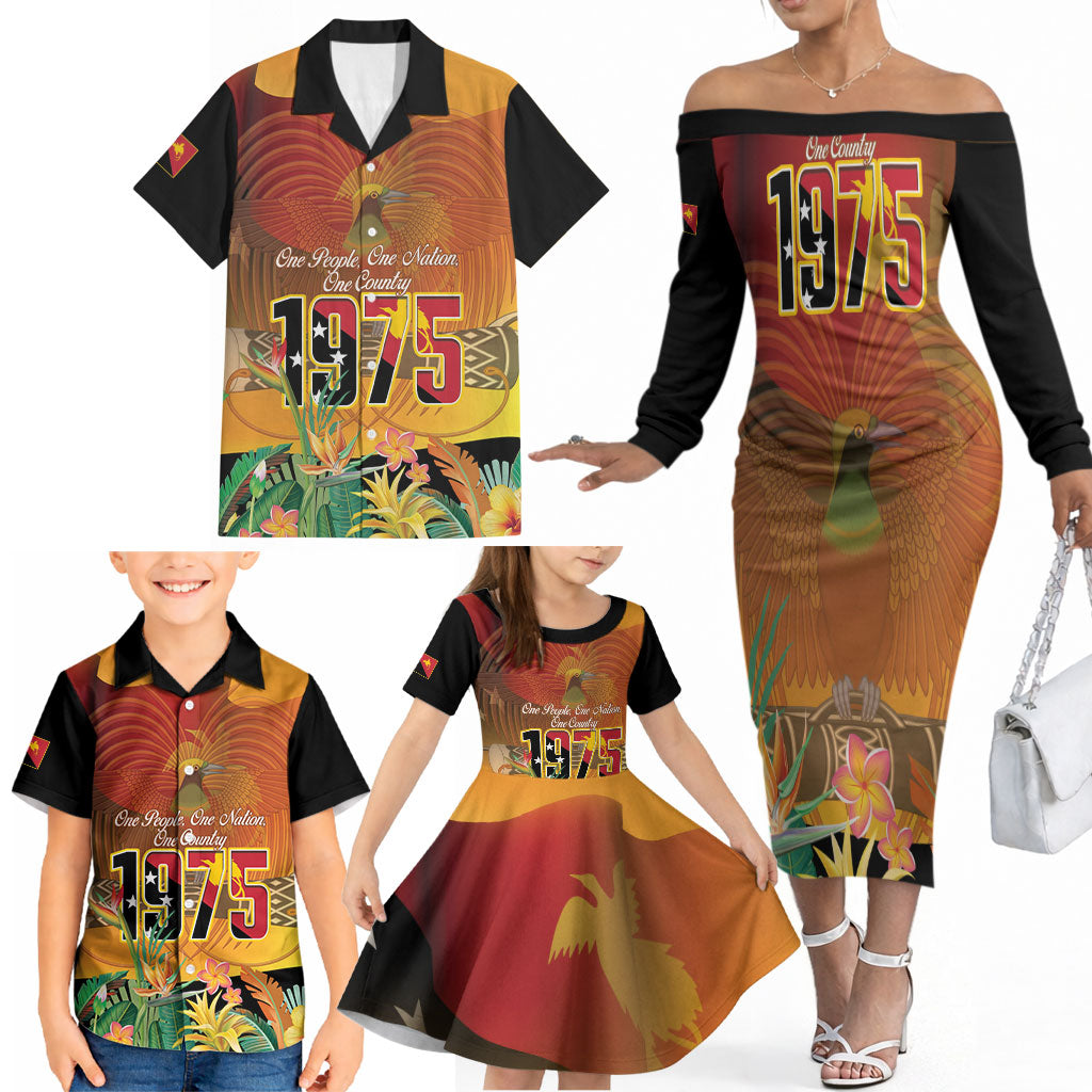 Personalised Papua New Guinea Independence Day Family Matching Off The Shoulder Long Sleeve Dress and Hawaiian Shirt One People One Nation One Country LT14 - Polynesian Pride