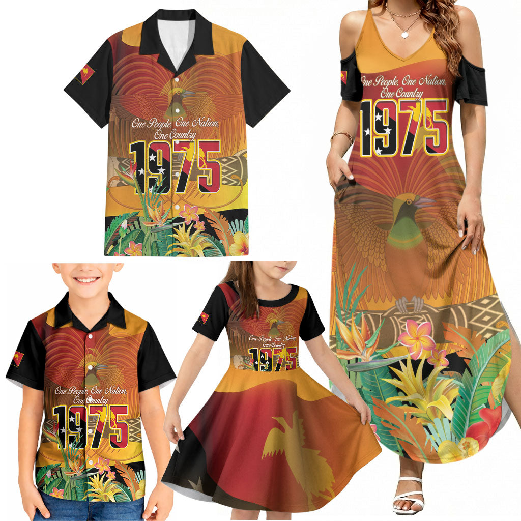Personalised Papua New Guinea Independence Day Family Matching Summer Maxi Dress and Hawaiian Shirt One People One Nation One Country