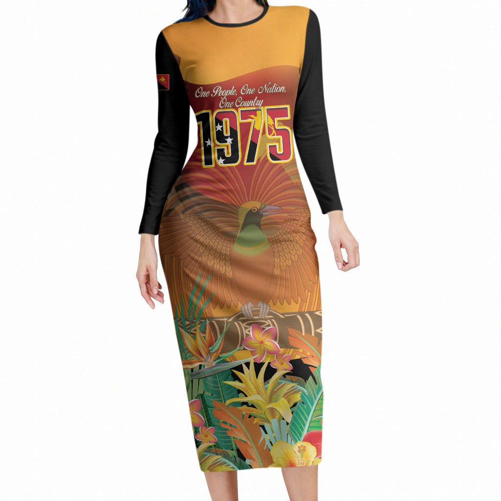 Personalised Papua New Guinea Independence Day Long Sleeve Bodycon Dress One People One Nation One Country