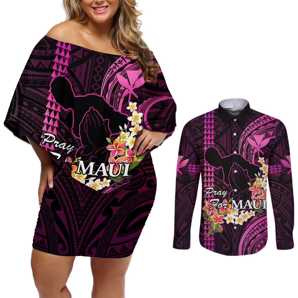 Hawaii Couples Matching Off Shoulder Short Dress and Long Sleeve Button Shirts Pray For Maui Hawaiian Plumeria Be Strong Pink Verison LT14 Pink - Polynesian Pride