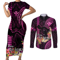 Hawaii Couples Matching Short Sleeve Bodycon Dress and Long Sleeve Button Shirts Pray For Maui Hawaiian Plumeria Be Strong Pink Verison LT14 Pink - Polynesian Pride