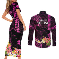 Hawaii Couples Matching Short Sleeve Bodycon Dress and Long Sleeve Button Shirts Pray For Maui Hawaiian Plumeria Be Strong Pink Verison LT14 - Polynesian Pride
