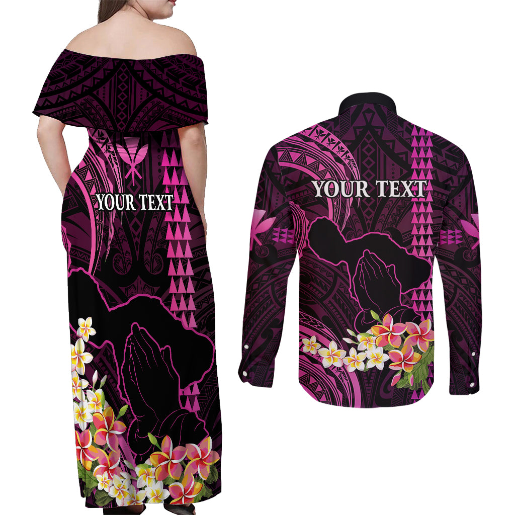 Personalised Hawaii Couples Matching Off Shoulder Maxi Dress and Long Sleeve Button Shirts Pray For Maui Hawaiian Plumeria Be Strong Pink Verison LT14 - Polynesian Pride