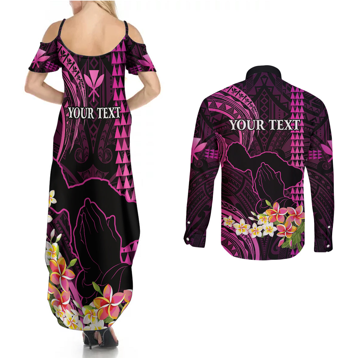 Personalised Hawaii Couples Matching Summer Maxi Dress and Long Sleeve Button Shirts Pray For Maui Hawaiian Plumeria Be Strong Pink Verison LT14 - Polynesian Pride