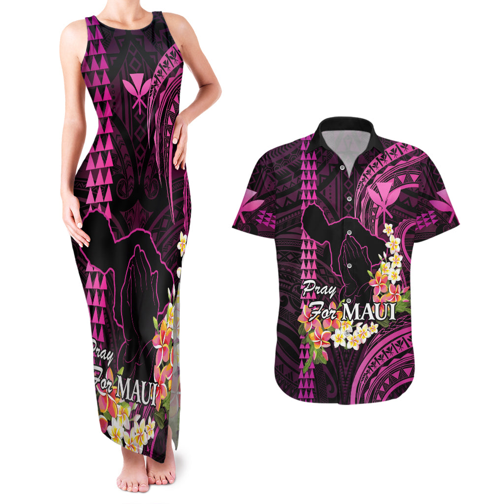 Personalised Hawaii Couples Matching Tank Maxi Dress and Hawaiian Shirt Pray For Maui Hawaiian Plumeria Be Strong Pink Verison LT14 Pink - Polynesian Pride