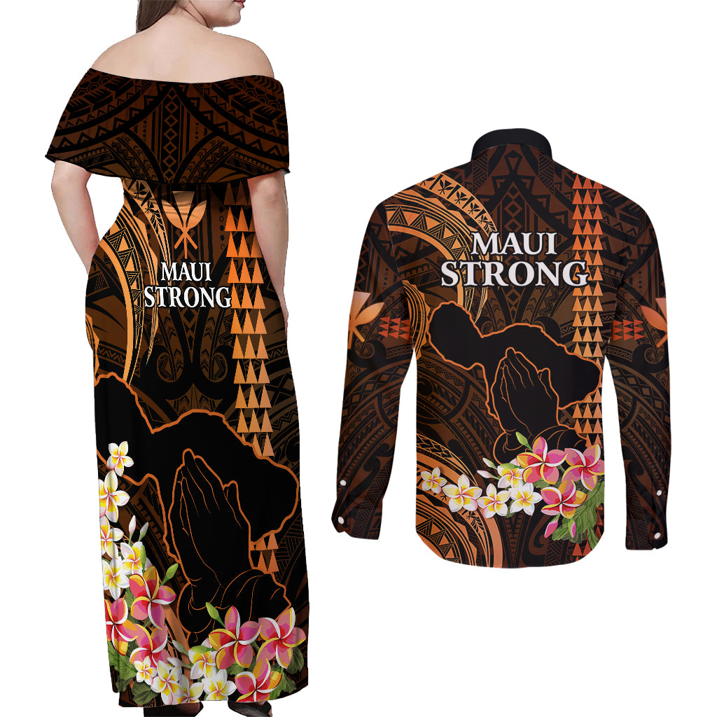 Hawaii Couples Matching Off Shoulder Maxi Dress and Long Sleeve Button Shirts Pray For Maui Hawaiian Plumeria Be Strong Gold Verison LT14 - Polynesian Pride