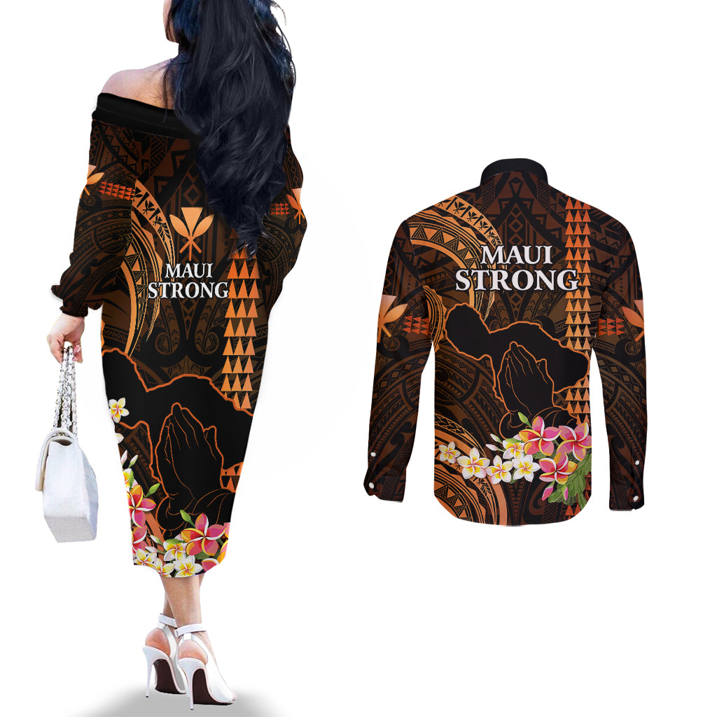 Hawaii Couples Matching Off The Shoulder Long Sleeve Dress and Long Sleeve Button Shirts Pray For Maui Hawaiian Plumeria Be Strong Gold Verison LT14 - Polynesian Pride