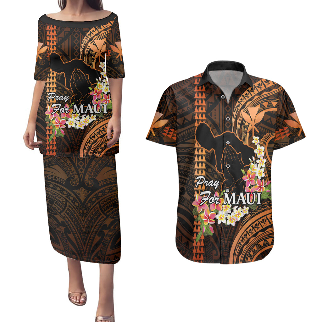 Hawaii Couples Matching Puletasi Dress and Hawaiian Shirt Pray For Maui Hawaiian Plumeria Be Strong Gold Verison LT14 Gold - Polynesian Pride