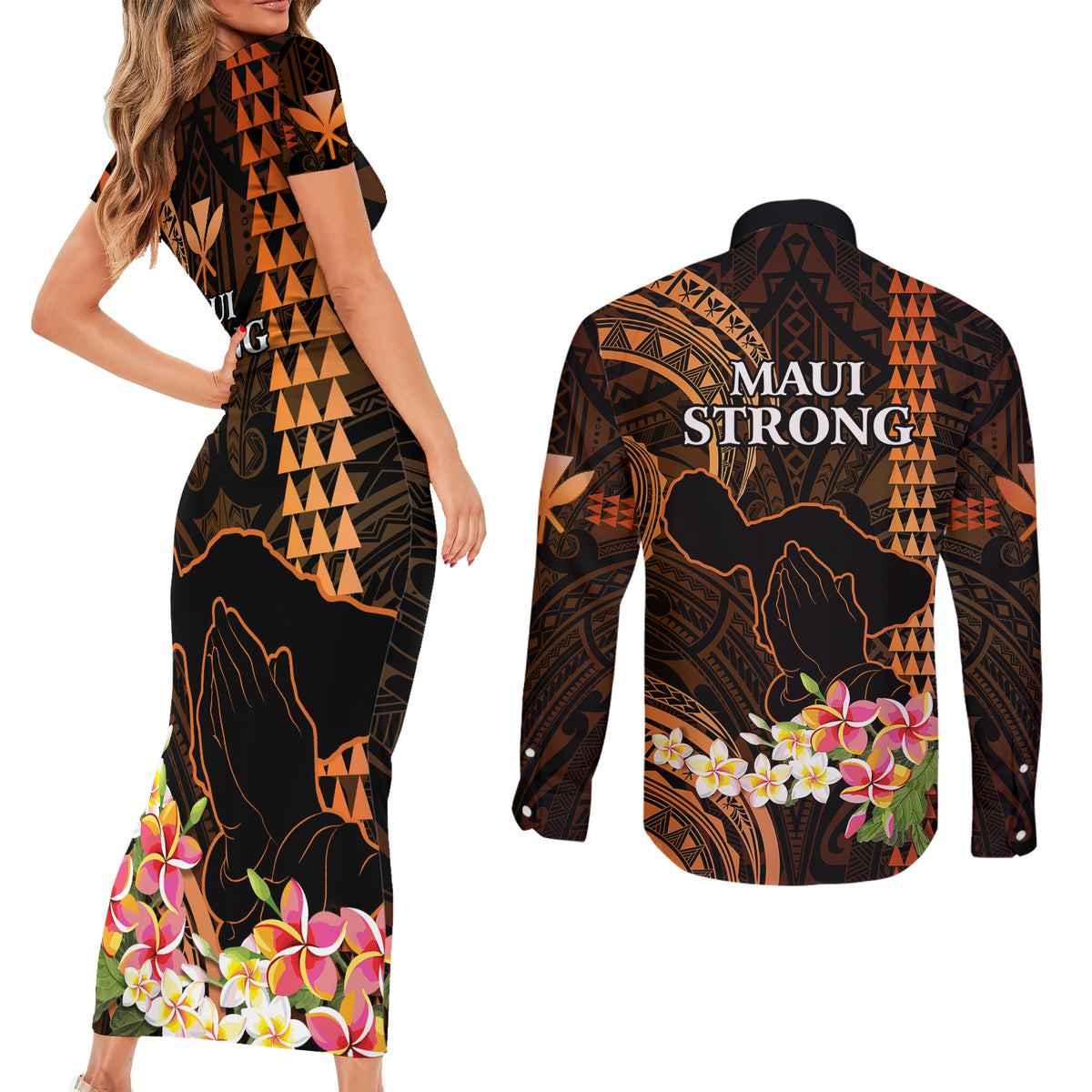 Hawaii Couples Matching Short Sleeve Bodycon Dress and Long Sleeve Button Shirts Pray For Maui Hawaiian Plumeria Be Strong Gold Verison LT14 - Polynesian Pride