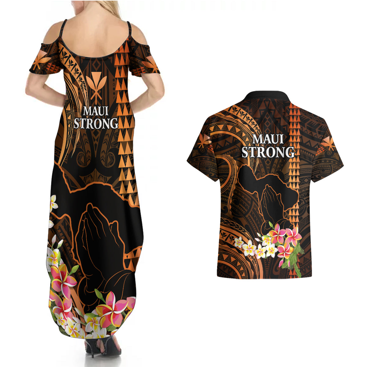 Hawaii Couples Matching Summer Maxi Dress and Hawaiian Shirt Pray For Maui Hawaiian Plumeria Be Strong Gold Verison LT14 - Polynesian Pride