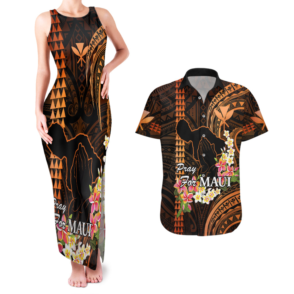 Hawaii Couples Matching Tank Maxi Dress and Hawaiian Shirt Pray For Maui Hawaiian Plumeria Be Strong Gold Verison LT14 Gold - Polynesian Pride