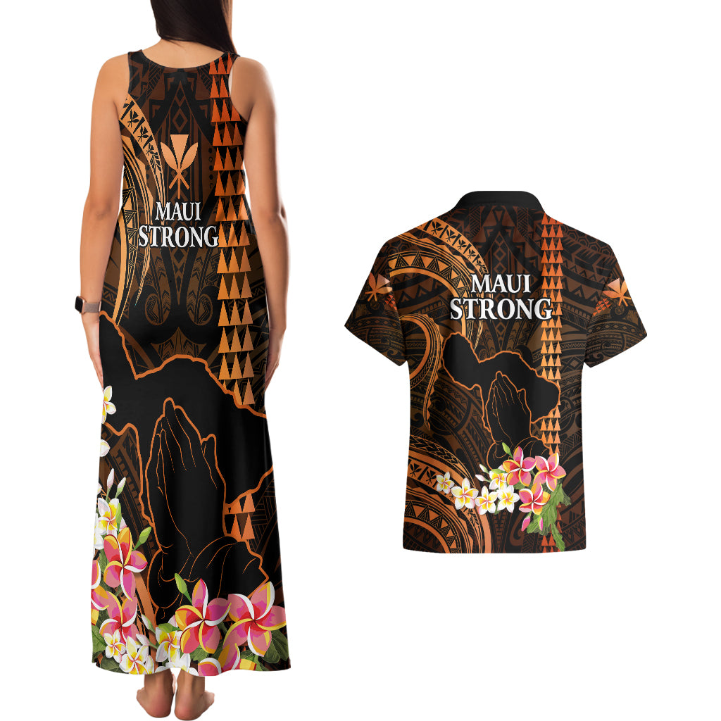 Hawaii Couples Matching Tank Maxi Dress and Hawaiian Shirt Pray For Maui Hawaiian Plumeria Be Strong Gold Verison LT14 - Polynesian Pride
