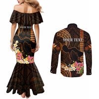 Personalised Hawaii Couples Matching Mermaid Dress and Long Sleeve Button Shirts Pray For Maui Hawaiian Plumeria Be Strong Gold Verison LT14 - Polynesian Pride