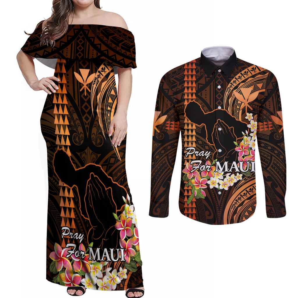 Personalised Hawaii Couples Matching Off Shoulder Maxi Dress and Long Sleeve Button Shirts Pray For Maui Hawaiian Plumeria Be Strong Gold Verison LT14 Gold - Polynesian Pride