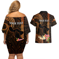 Personalised Hawaii Couples Matching Off Shoulder Short Dress and Hawaiian Shirt Pray For Maui Hawaiian Plumeria Be Strong Gold Verison LT14 - Polynesian Pride
