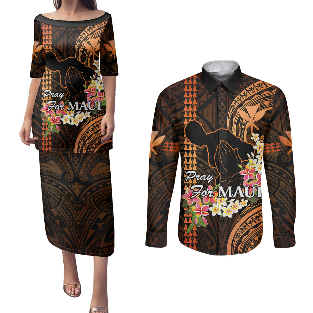 Personalised Hawaii Couples Matching Puletasi Dress and Long Sleeve Button Shirts Pray For Maui Hawaiian Plumeria Be Strong Gold Verison LT14 Gold - Polynesian Pride