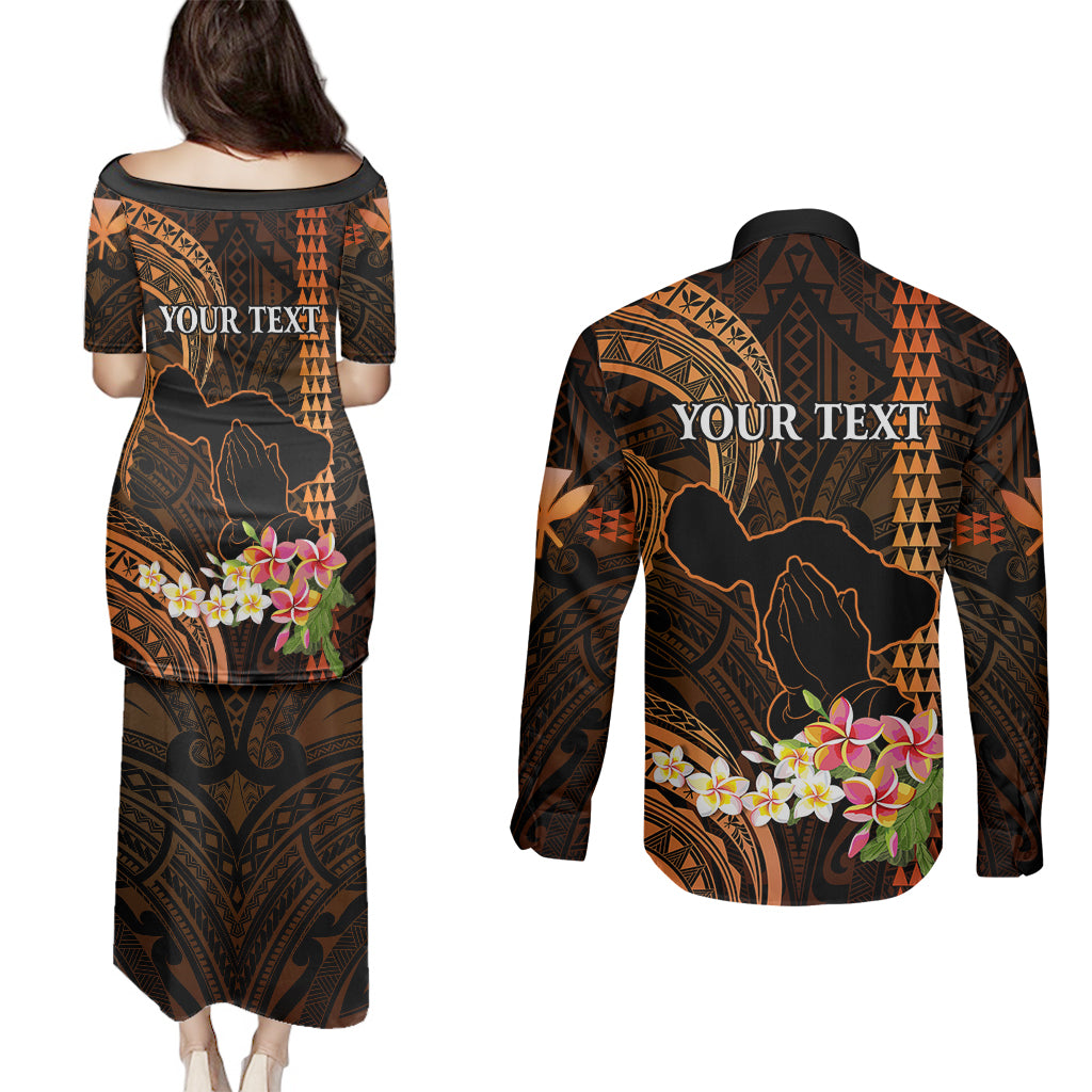 Personalised Hawaii Couples Matching Puletasi Dress and Long Sleeve Button Shirts Pray For Maui Hawaiian Plumeria Be Strong Gold Verison LT14 - Polynesian Pride