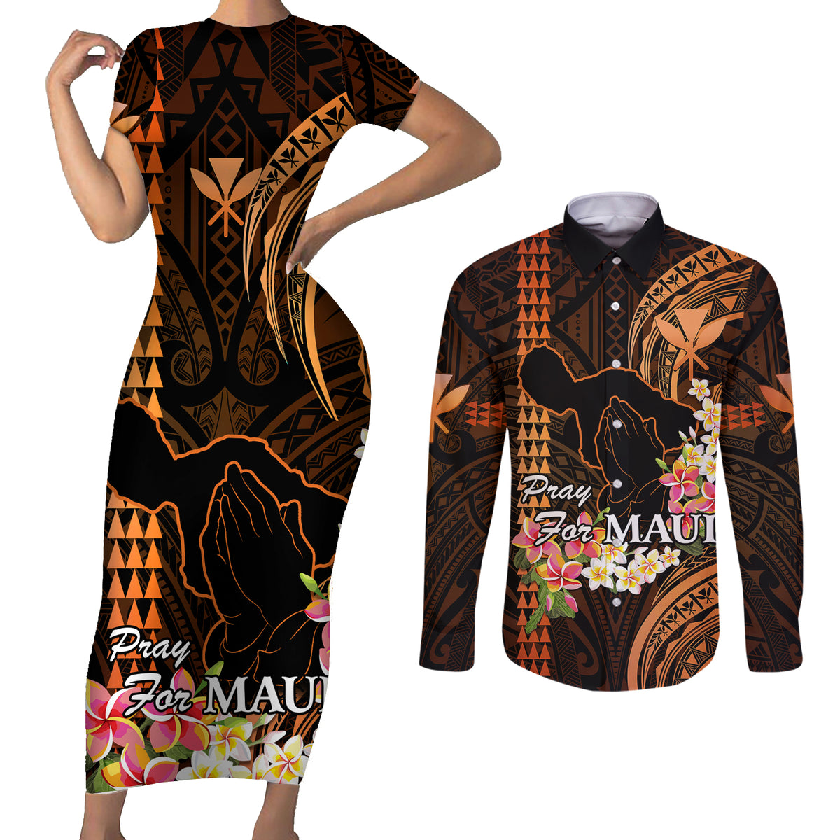 Personalised Hawaii Couples Matching Short Sleeve Bodycon Dress and Long Sleeve Button Shirts Pray For Maui Hawaiian Plumeria Be Strong Gold Verison LT14 Gold - Polynesian Pride