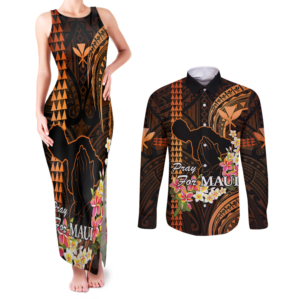 Personalised Hawaii Couples Matching Tank Maxi Dress and Long Sleeve Button Shirts Pray For Maui Hawaiian Plumeria Be Strong Gold Verison LT14 Gold - Polynesian Pride