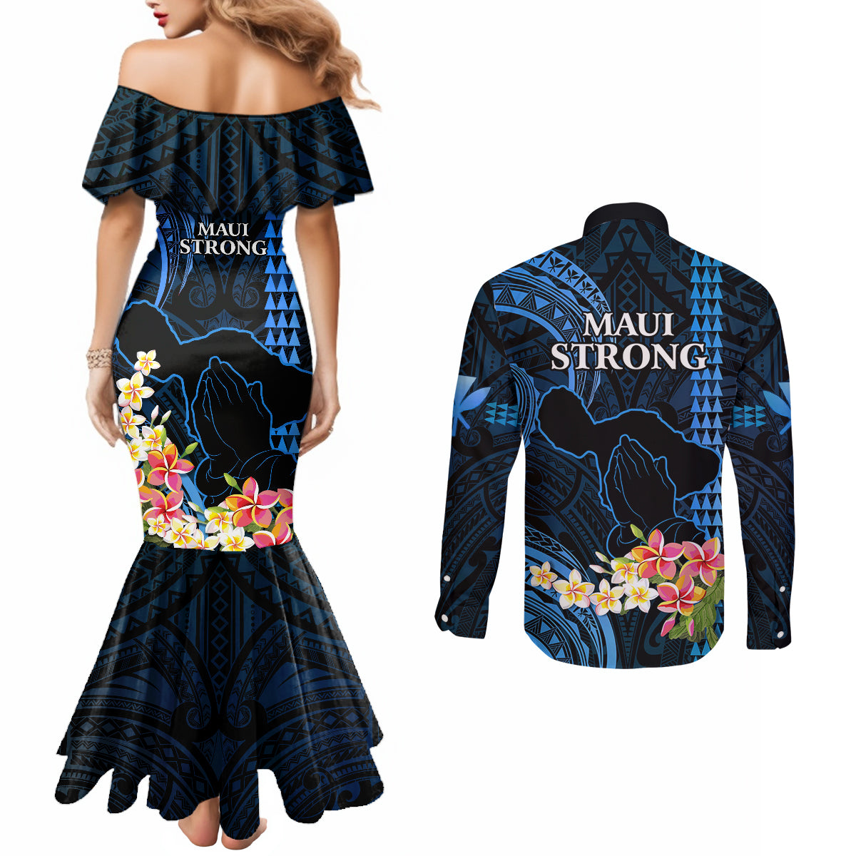 Hawaii Couples Matching Mermaid Dress and Long Sleeve Button Shirts Pray For Maui Hawaiian Plumeria Be Strong Blue Verison LT14 - Polynesian Pride