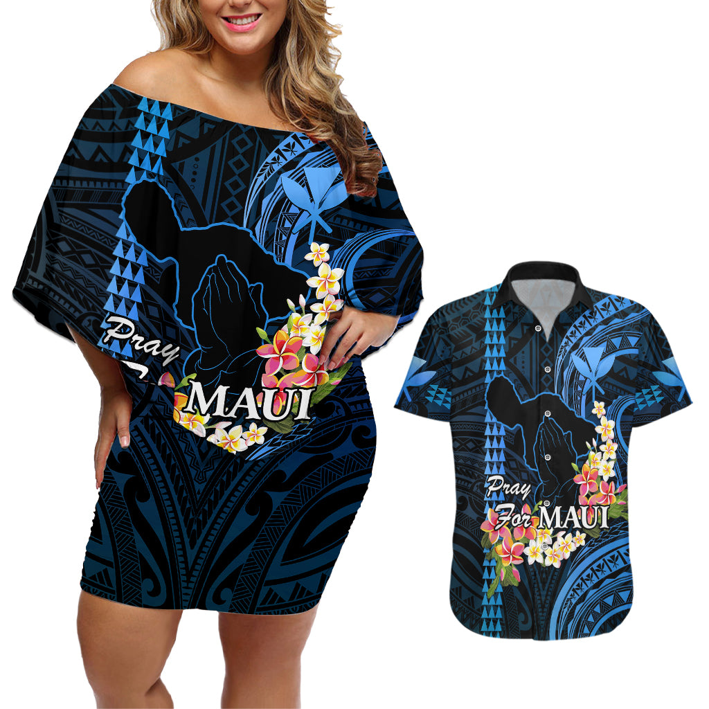 Hawaii Couples Matching Off Shoulder Short Dress and Hawaiian Shirt Pray For Maui Hawaiian Plumeria Be Strong Blue Verison LT14 Blue - Polynesian Pride