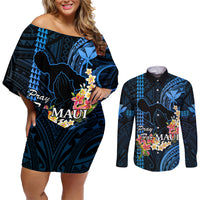 Hawaii Couples Matching Off Shoulder Short Dress and Long Sleeve Button Shirts Pray For Maui Hawaiian Plumeria Be Strong Blue Verison LT14 Blue - Polynesian Pride