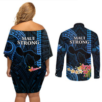 Hawaii Couples Matching Off Shoulder Short Dress and Long Sleeve Button Shirts Pray For Maui Hawaiian Plumeria Be Strong Blue Verison LT14 - Polynesian Pride