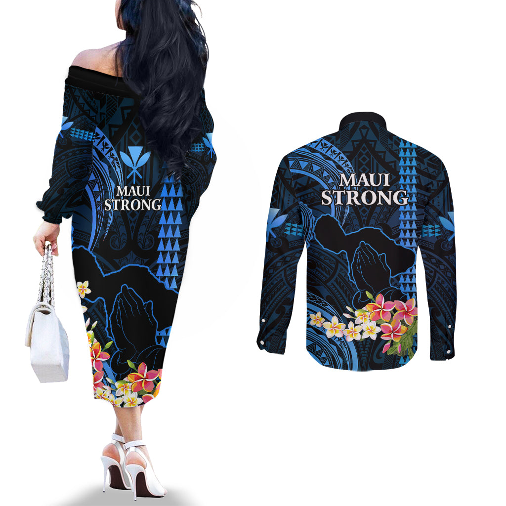 Hawaii Couples Matching Off The Shoulder Long Sleeve Dress and Long Sleeve Button Shirts Pray For Maui Hawaiian Plumeria Be Strong Blue Verison LT14 - Polynesian Pride