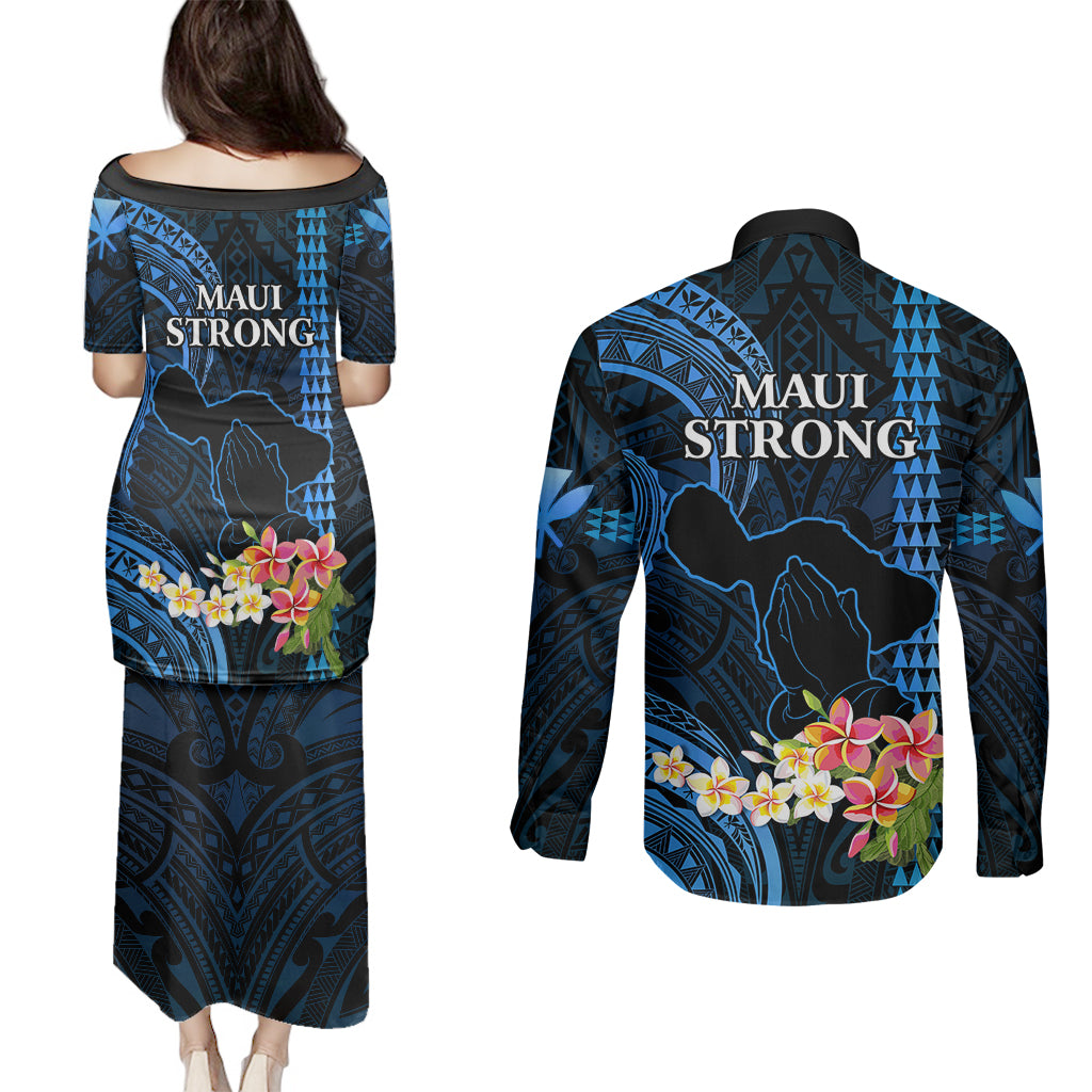 Hawaii Couples Matching Puletasi Dress and Long Sleeve Button Shirts Pray For Maui Hawaiian Plumeria Be Strong Blue Verison LT14 - Polynesian Pride