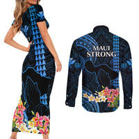 Hawaii Couples Matching Short Sleeve Bodycon Dress and Long Sleeve Button Shirts Pray For Maui Hawaiian Plumeria Be Strong Blue Verison LT14 - Polynesian Pride
