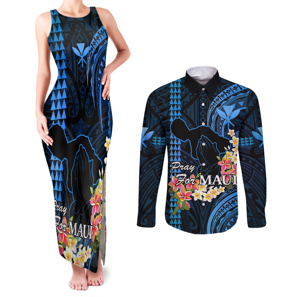 Hawaii Couples Matching Tank Maxi Dress and Long Sleeve Button Shirts Pray For Maui Hawaiian Plumeria Be Strong Blue Verison LT14 Blue - Polynesian Pride